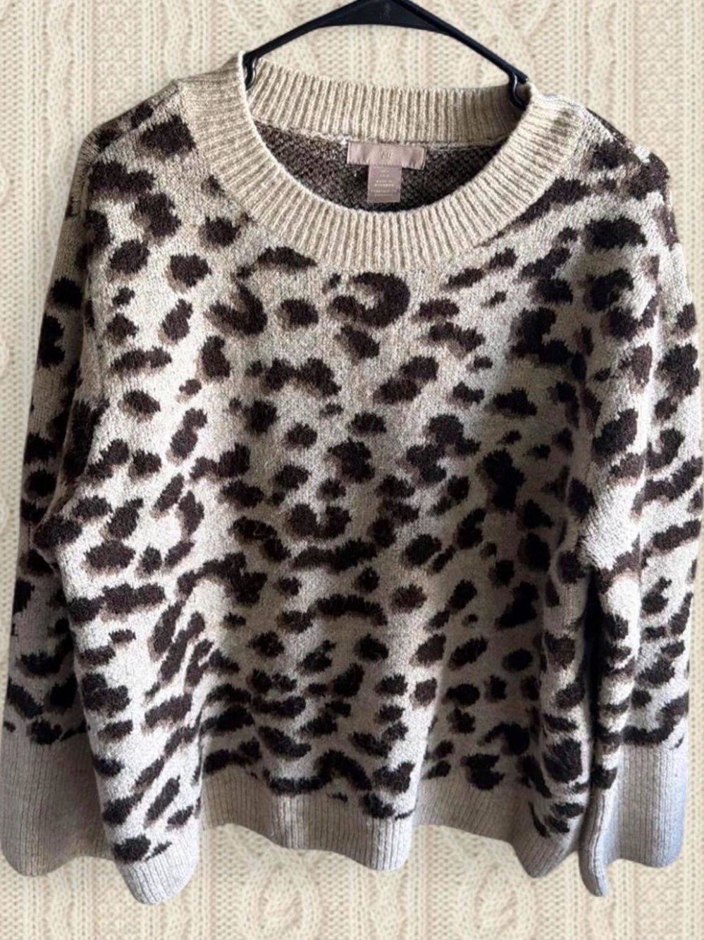 H&M Beige and Brown Leopard-Print Crewneck Sweater